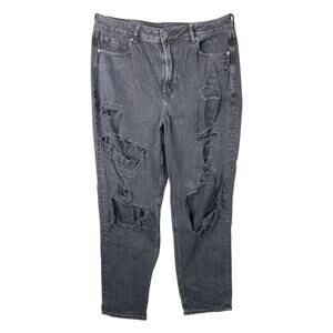 American Eagle AE Mom Jean Black Destroyed High Waisted Ripped Tapered Womens 14